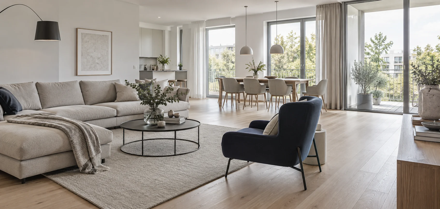 Heller moderner Wohnraum mit Sofa, Essbereich und großen Fenstern